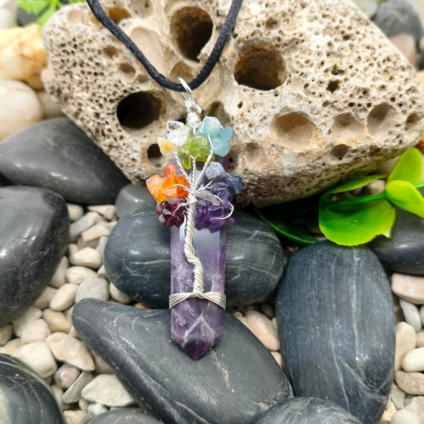 Mineral point pendant with tree of life chakras