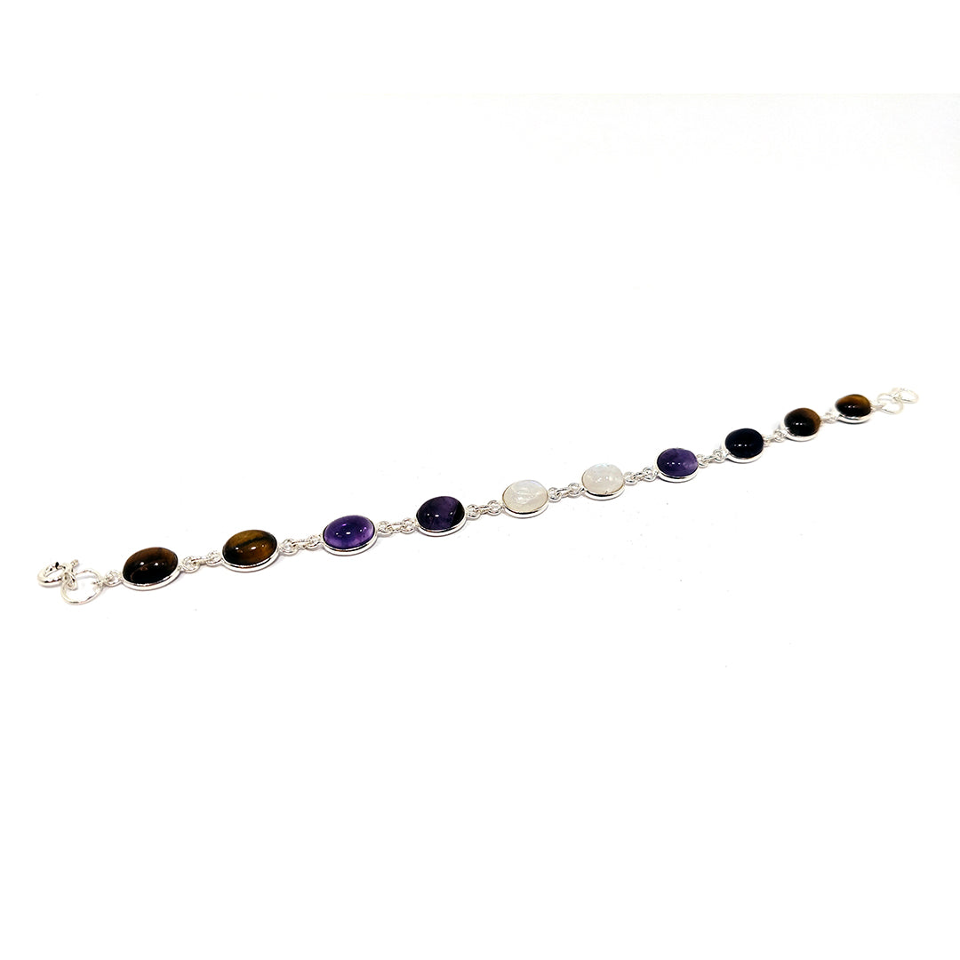 Pulsera plata piedra Luna, Amatista, Ojo de Tigre
