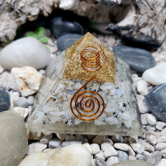 Pirámide Orgonita Selenita / Piedra luna / Protección EMF / Protección 5G