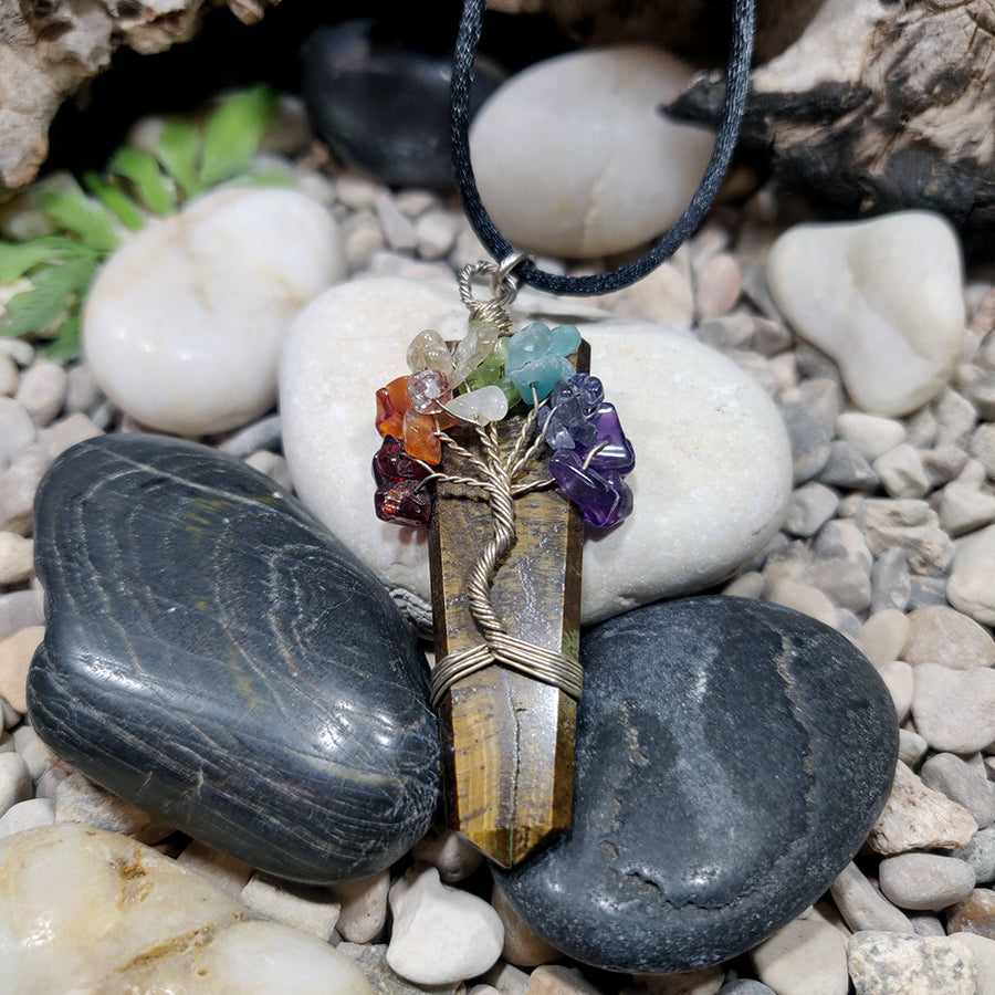 Mineral point pendant with tree of life chakras