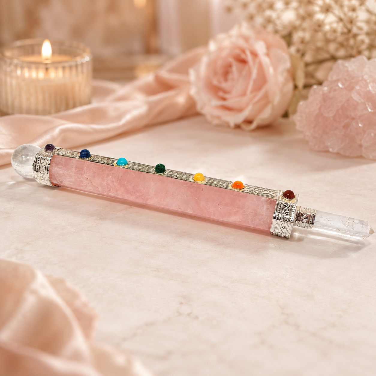 Vara de Poder de Minerales 7 Chakras con Punta Generadora de Cuarzo Natural