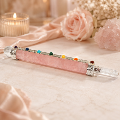 Vara de Poder de Minerales 7 Chakras con Punta Generadora de Cuarzo Natural