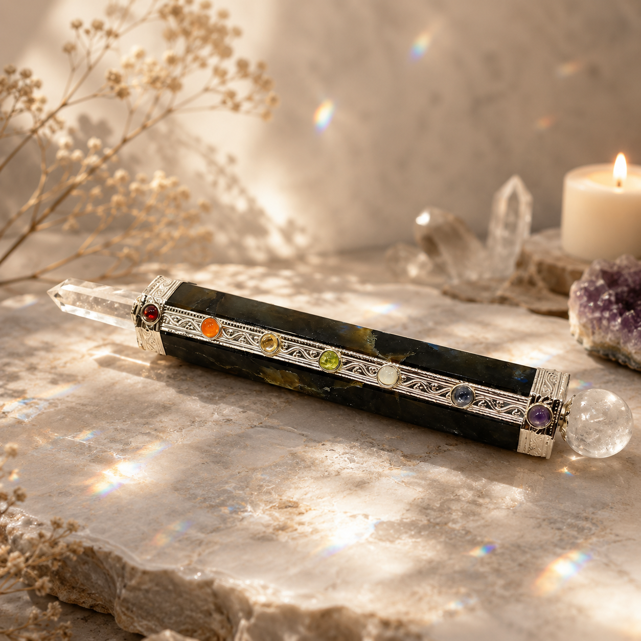 Vara de Poder de Minerales 7 Chakras con Punta Generadora de Cuarzo Natural