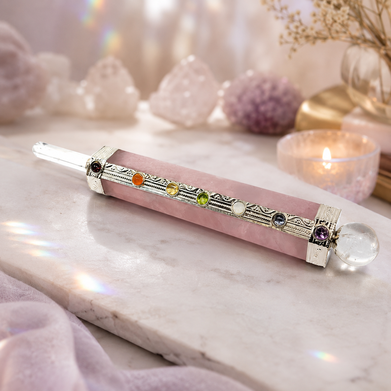 Vara de Poder de Minerales 7 Chakras con Punta Generadora de Cuarzo Natural