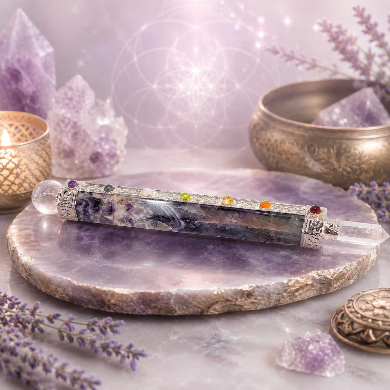 Vara de Poder de Minerales 7 Chakras con Punta Generadora de Cuarzo Natural