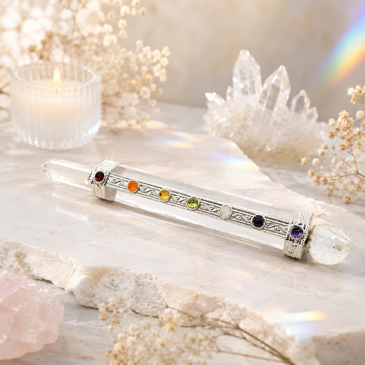 Vara de Poder de Minerales 7 Chakras con Punta Generadora de Cuarzo Natural