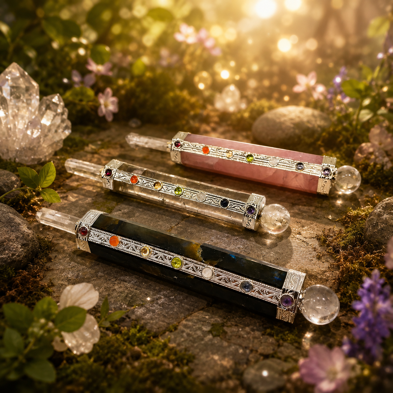 Vara de Poder de Minerales 7 Chakras con Punta Generadora de Cuarzo Natural