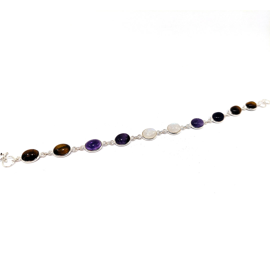 Pulsera plata piedra Luna, Amatista, Ojo de Tigre