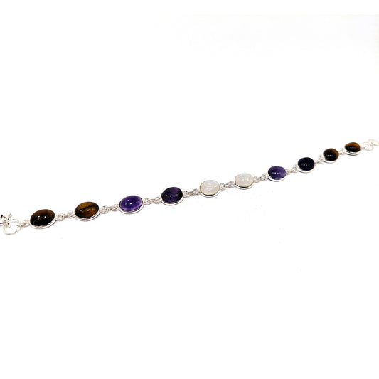Pulsera plata piedra Luna, Amatista, Ojo de Tigre