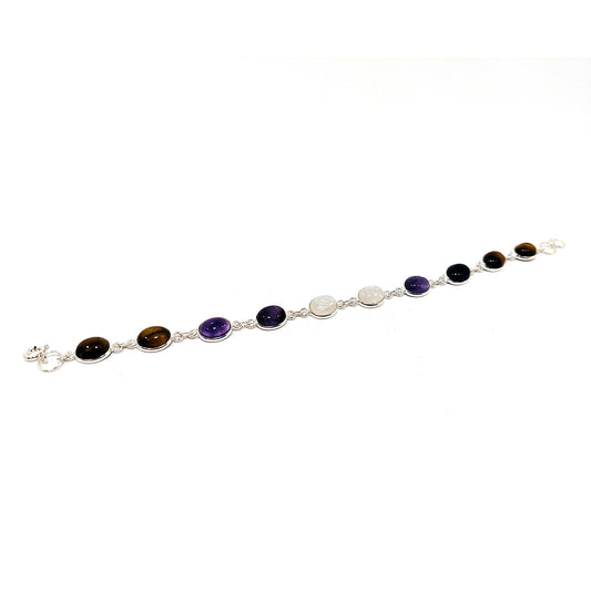 Pulsera plata piedra Luna, Amatista, Ojo de Tigre